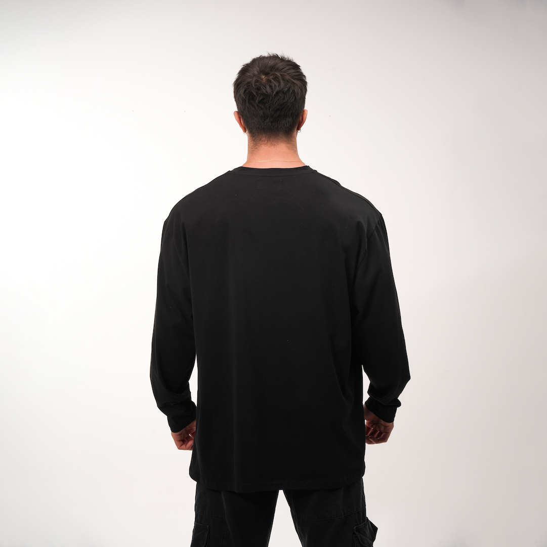 PROUD02 Uzun Kollu Nakışlı Oversize Tişört (Siyah)