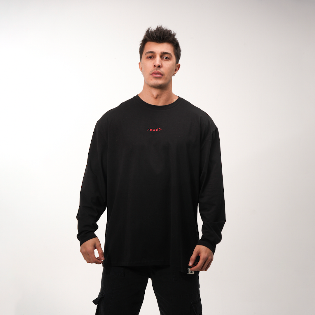 PROUD02 Uzun Kollu Nakışlı Oversize Tişört (Siyah)